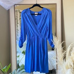 Anthropologie Maeve Lene Crepe Faux Wrap Dress Pockets Blue Roll Tab Sleeve